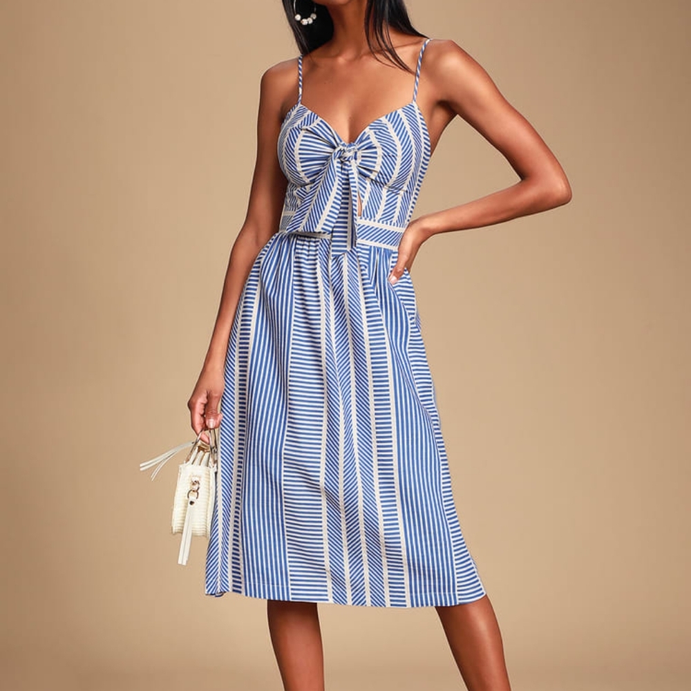 Lulu's World Wonder Blue Striped Tie-Front Midi Dress - Blue Stripe